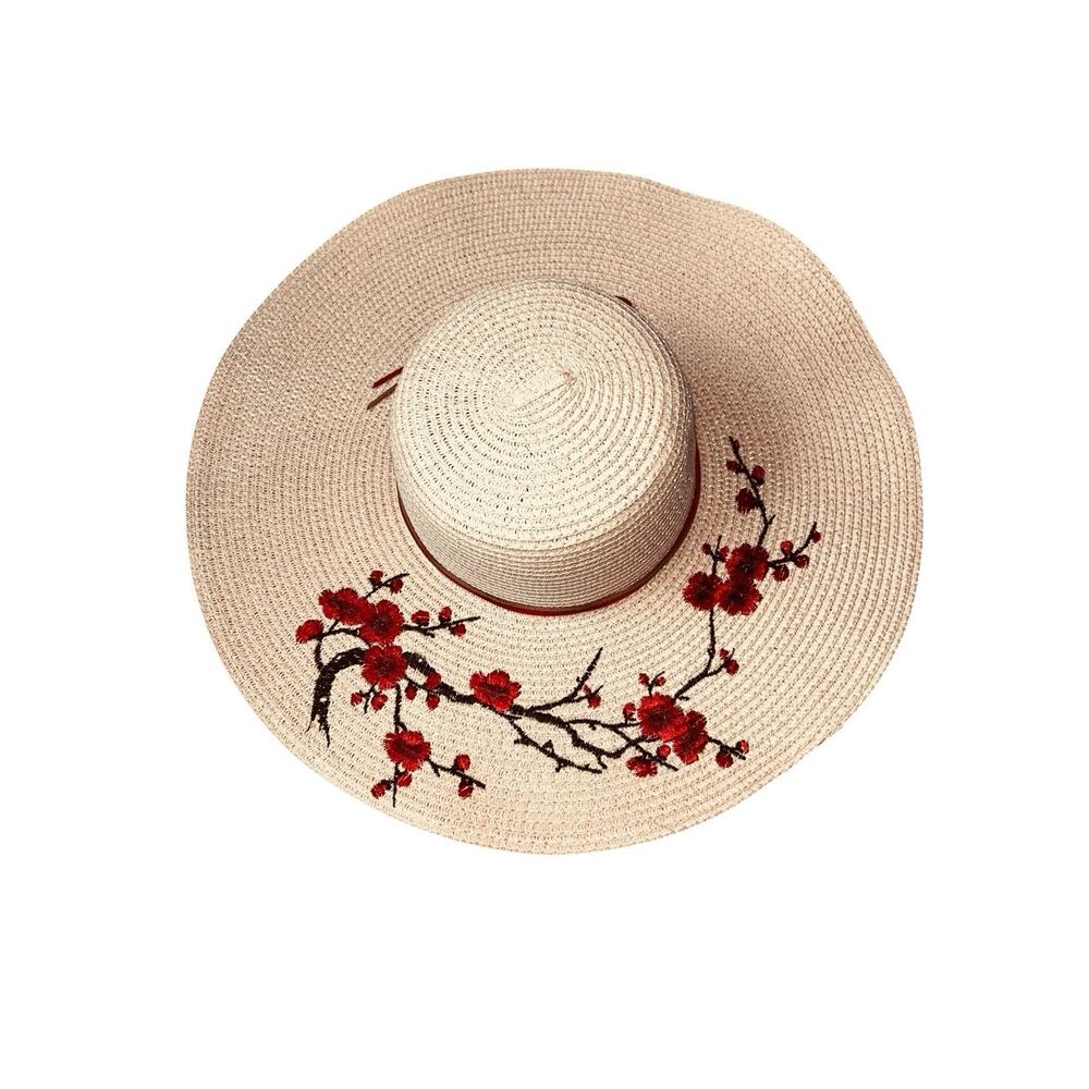 Wide Brim Pink Straw Sun Hat With Red & Black Delicate Floral Embroidery Design - Picture 8 of 8